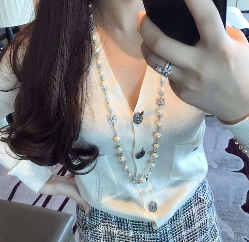 CHN120  Women's Classic Full Diamond C Pearl Necklace Sweater Chain Jewelry