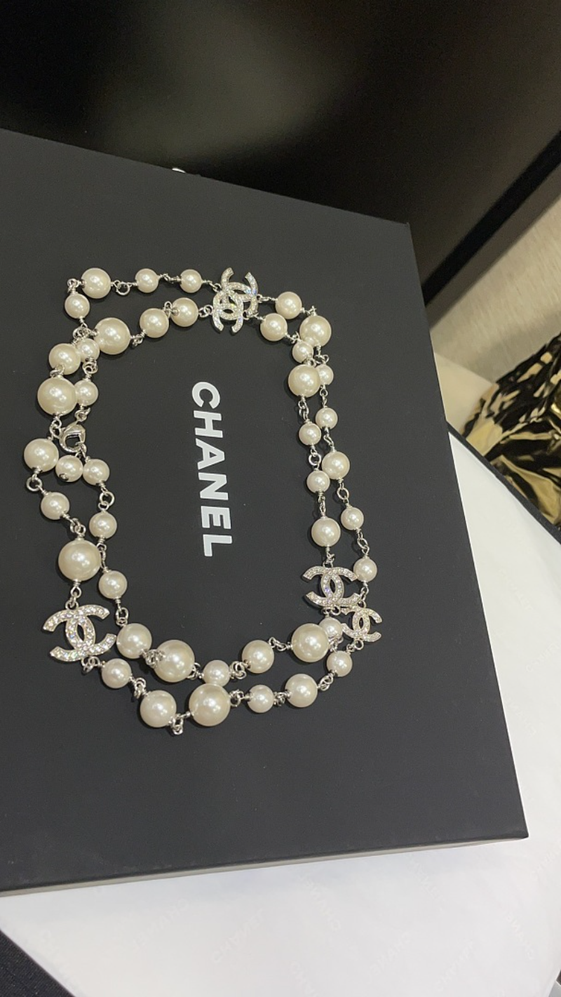 CHN120  Women's Classic Full Diamond C Pearl Necklace Sweater Chain Jewelry
