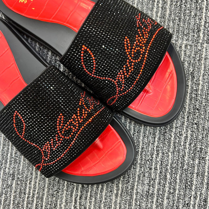 YCL10 Women Christian Louboutin Red Sole Rhinestone Leather Slippers High Quality With Box